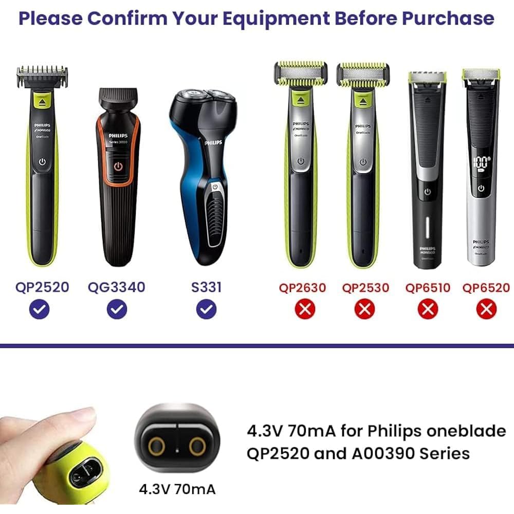 4.3V Charger Fit for Philips Norelco One Blade Old Model A00390 QP2520 QP2521 QP2522 QP2515 MG5700 MG3740 MG3720 QG3330 Electric Shaver for Phillips OneBlade Replacement Adapter Power Cord
