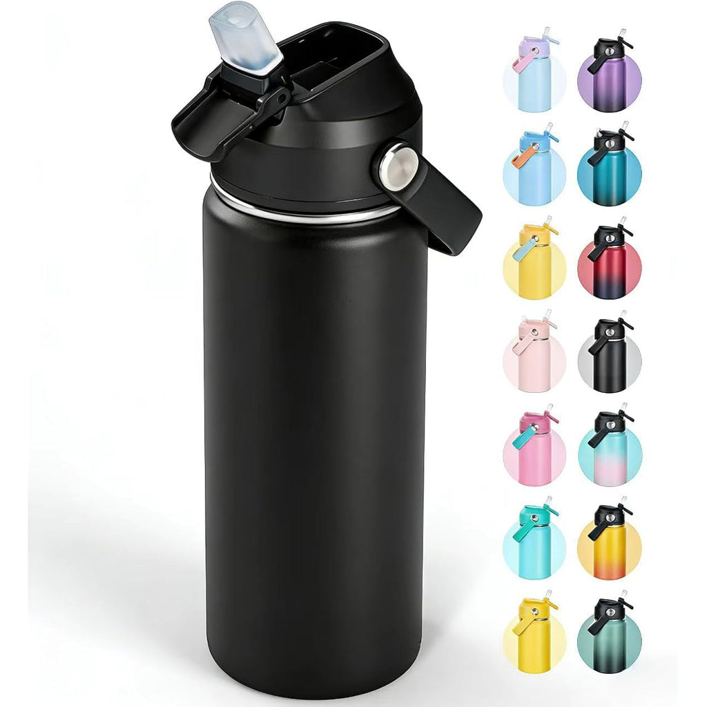 Fijinhom 18Oz Insulated Stainless Steel Water Bottle, Wide Mouth Double Wall Vacuum, Silicone Straw, Sweat & Leak Proof, Bpa Free Insulated Water Flask For Travel, Keep Cold 24H Hot 12H, Black