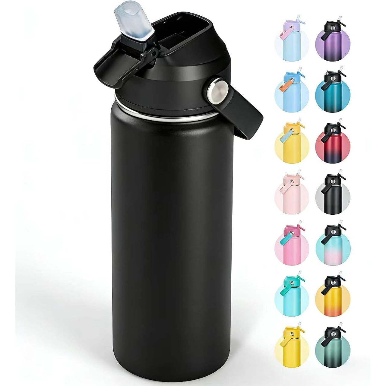 Fijinhom 18Oz Insulated Stainless Steel Water Bottle, Wide Mouth Double Wall Vacuum, Silicone Straw, Sweat & Leak Proof, Bpa Free Insulated Water Flask For Travel, Keep Cold 24H Hot 12H, Black