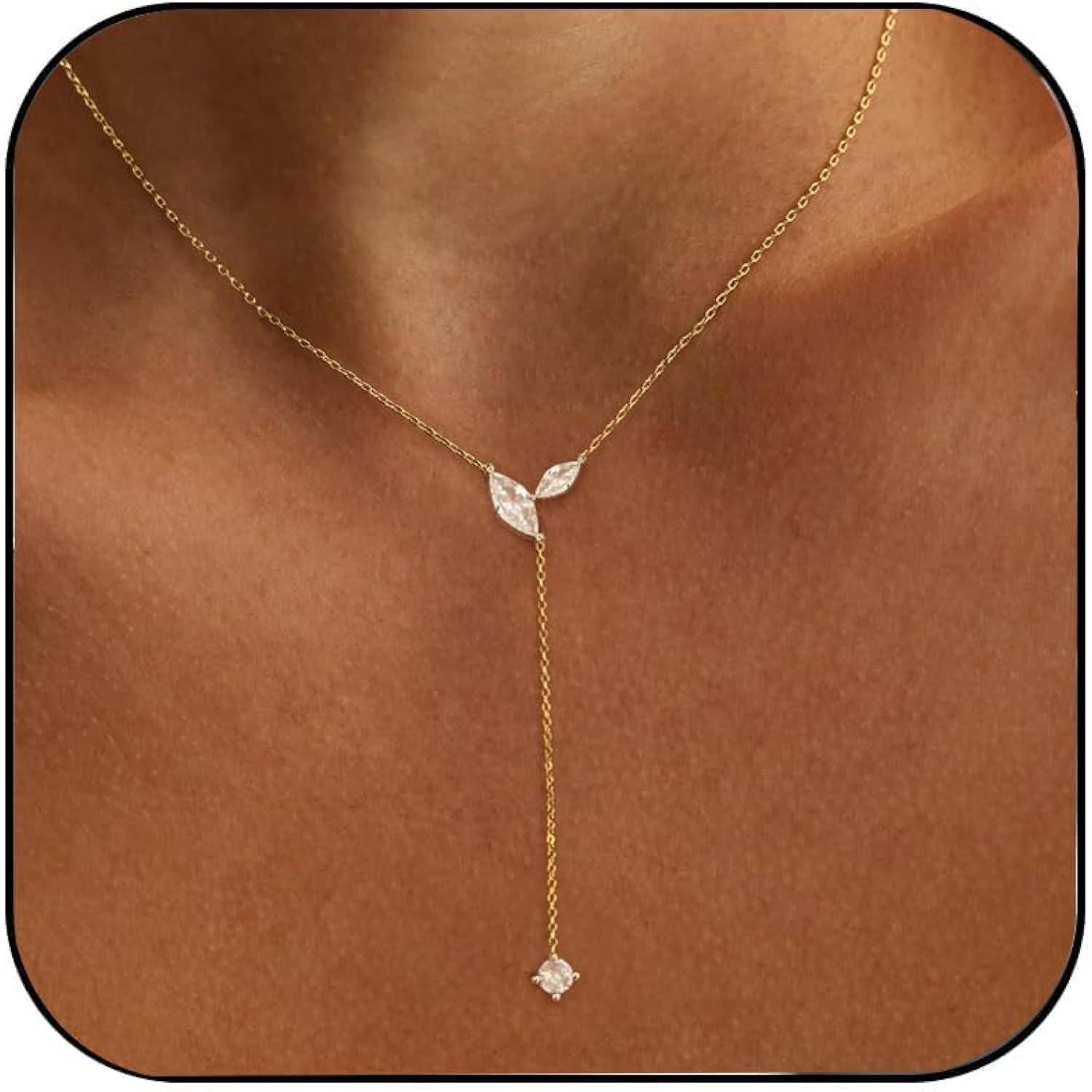 Gold Necklace for Women - Dainty Long Lariat Necklace 14K Gold Plated Clover Star Teardrop CZ Y Shaped Drop Necklaces Cute Long Necklaces for Women Trendy Prom Formal Womens Jewelry