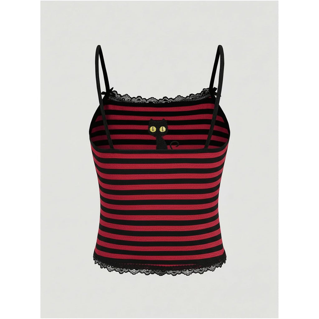Soly Hux Women'S Y2K Lace Striped Cami Crop Tops Spaghetti Strap Cat Embroidery Camisole
