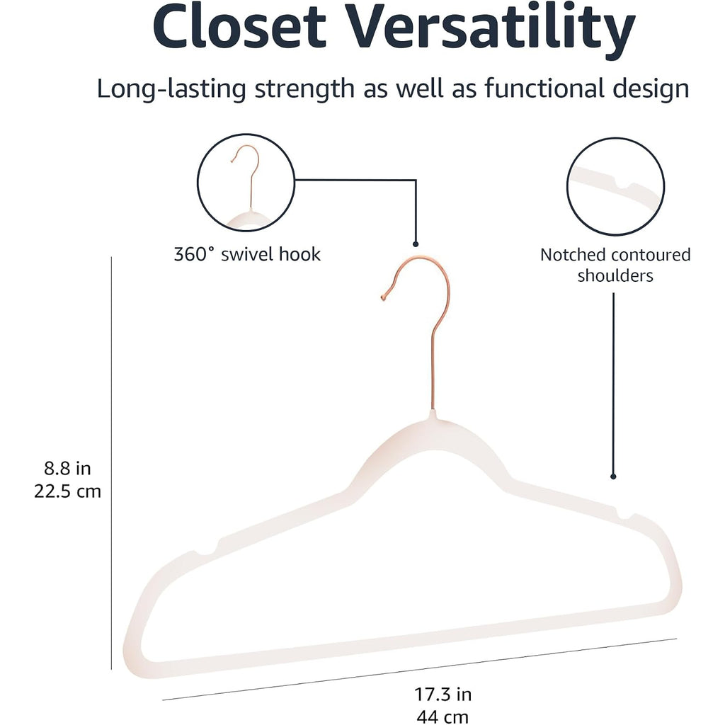 Amazon Basics Space Saving Slim Velvet Non-Slip Suit Clothes Hangers, Sturdy Construction, Closet Organizer, Pack Of 50, Blush Pink/Rose Gold