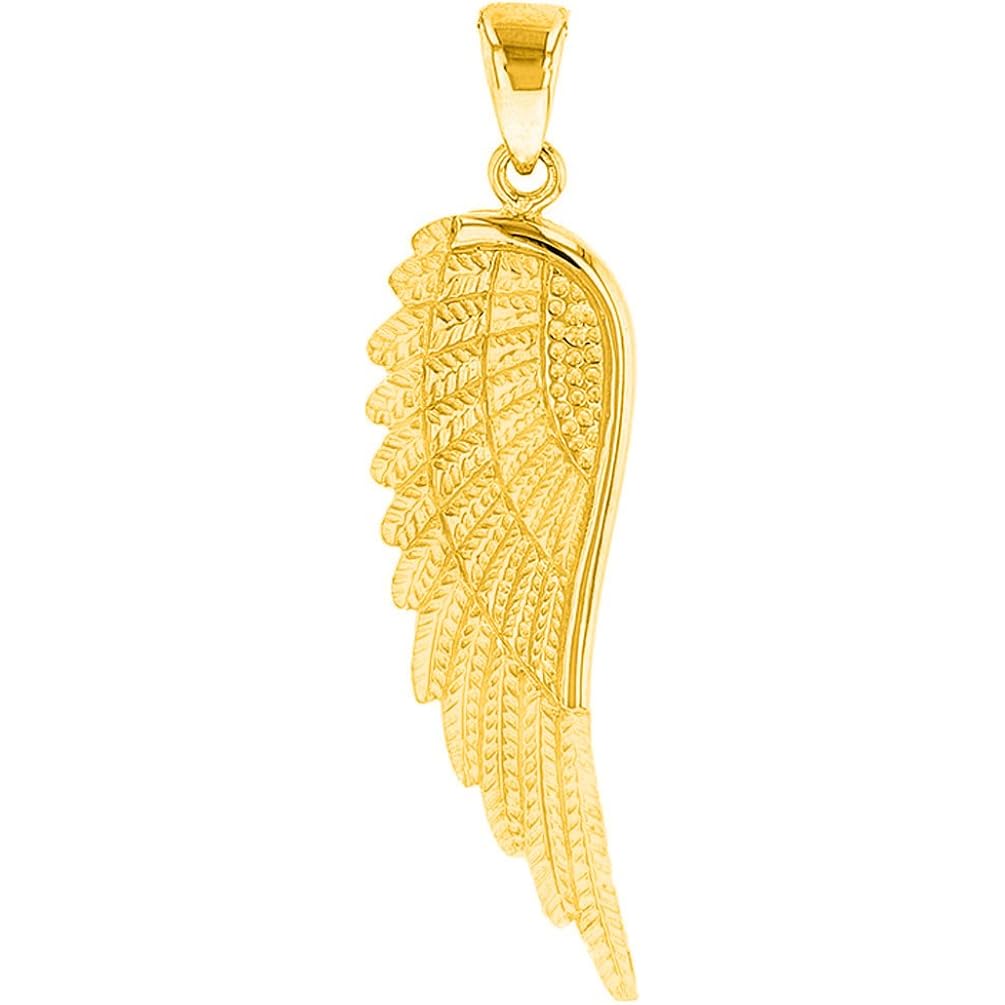 Solid 14k Yellow Gold Textured Angel Wing Charm Pendant Necklace