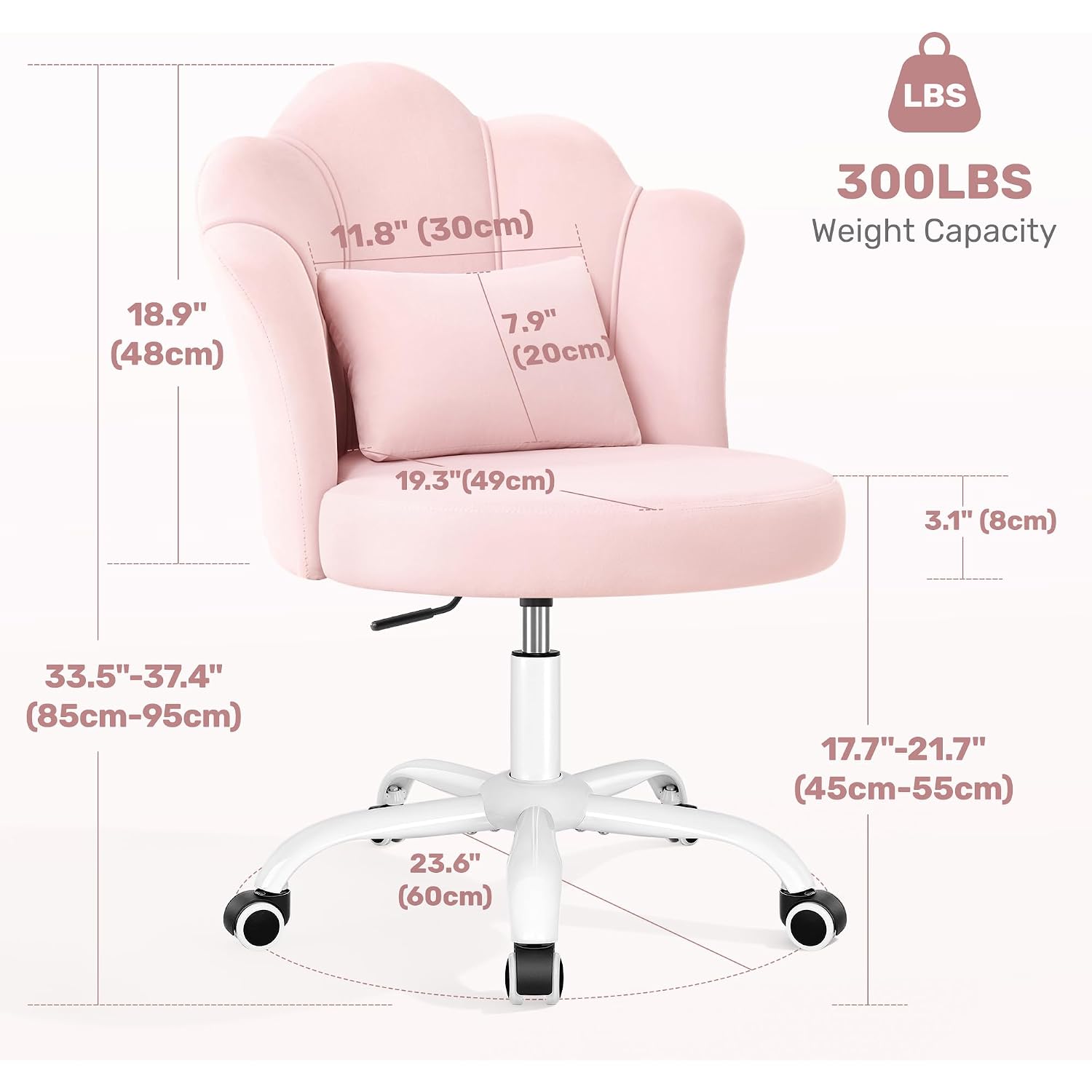 Petal Vanity Chair With Wheels, 3.15" Extra Thick Comfy Makeup Chair, Adjustable Modern Swivel Armless Desk Chair For Girls Women, Aesthetic Small Office Chair For Bedroom Dorm, Pink