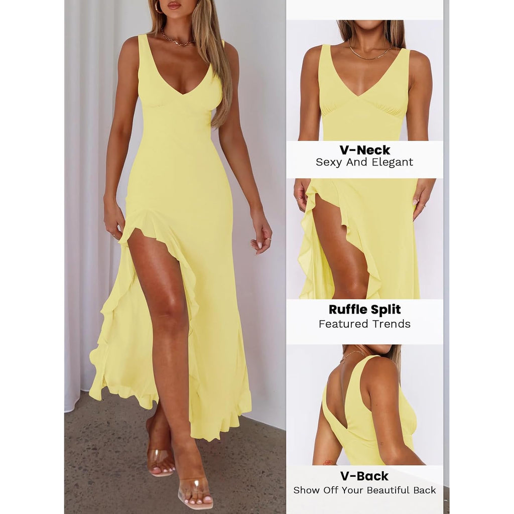 Women Sexy V Neck Sleeveless Mesh Ruffle Hem Bodycon Maxi Casual Backless High Slit Cocktail Party Dress