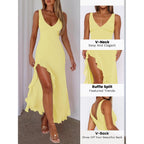 Women Sexy V Neck Sleeveless Mesh Ruffle Hem Bodycon Maxi Casual Backless High Slit Cocktail Party Dress