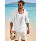 Mens Cotton Linen Button Down Hoodies Long Sleeve Casual Hoodies Hawaiian Beach Top Lightweight Fashion Shirts