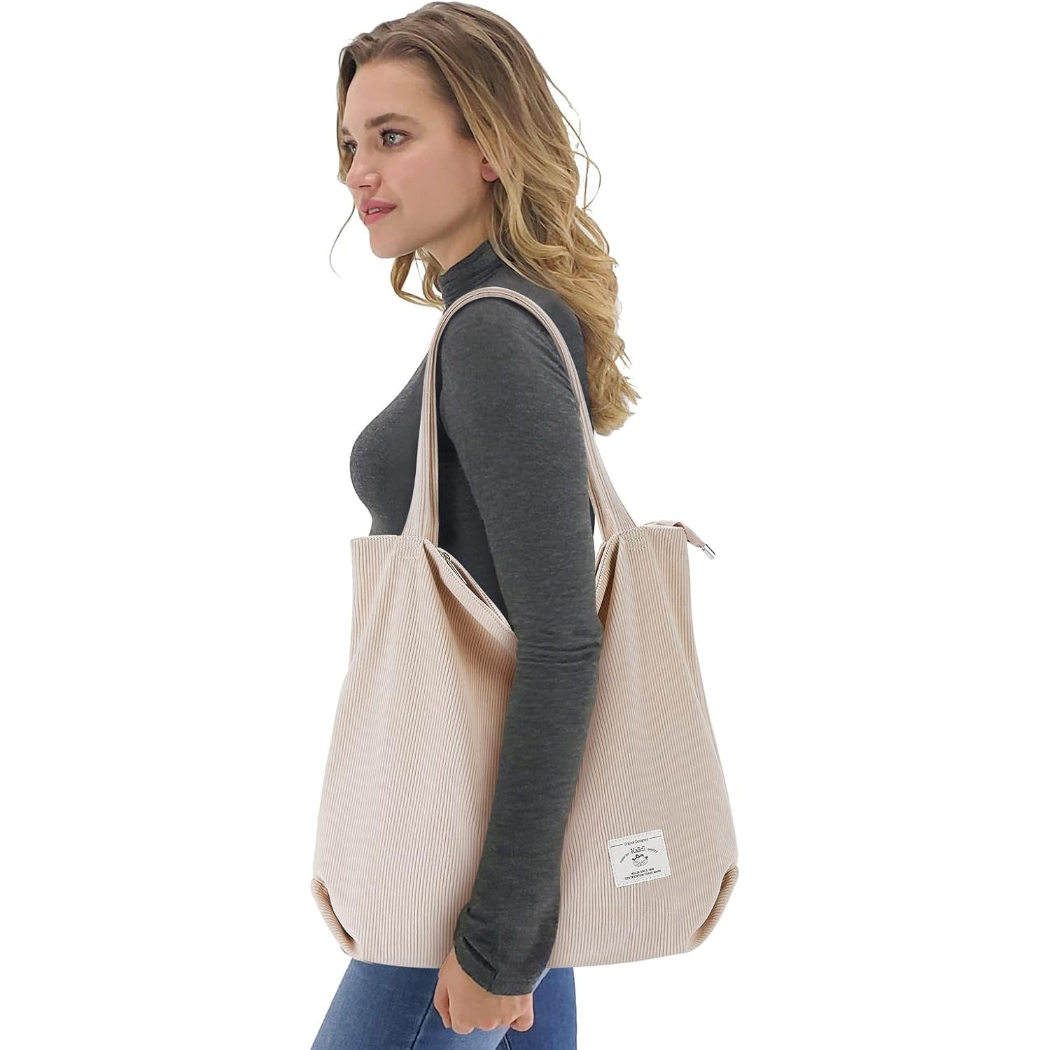 KALIDI Women Corduroy Tote Bag Zipper Casual Tote's Handbag Big Capacity Shoulder Bag with Pockets