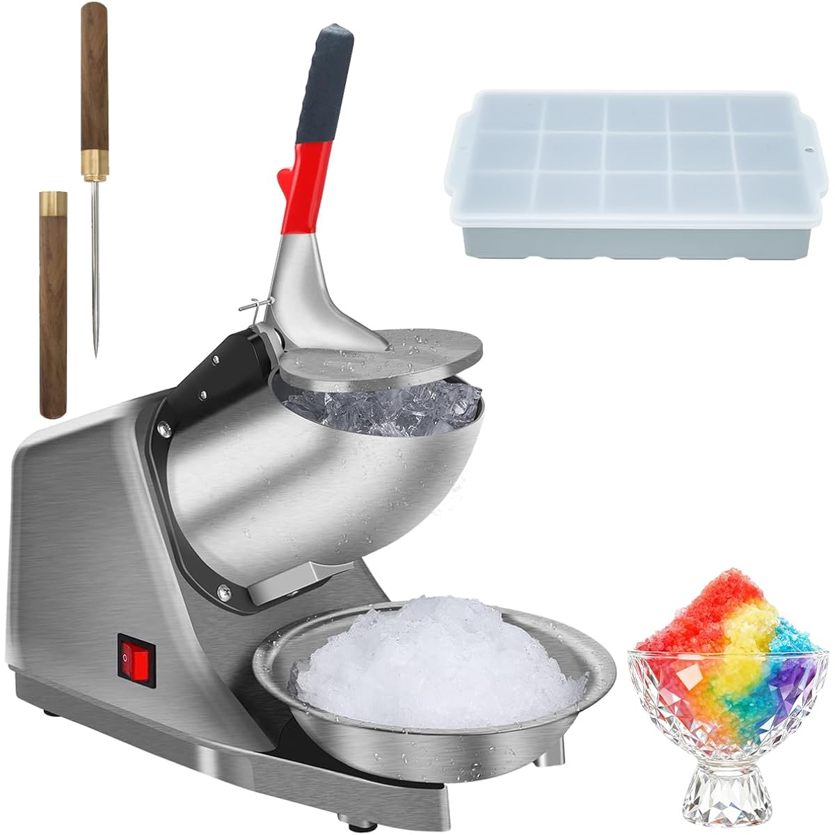 Reespring Snow Cone Machine Shaved Ice Machine Ice Crusher With Stainless Steel Blade Kitchen Electric For Shaved Ice And Snow Cone (300W 2000R/Min) Also Comes With A Free Ice Pick And Ice Cube Tray