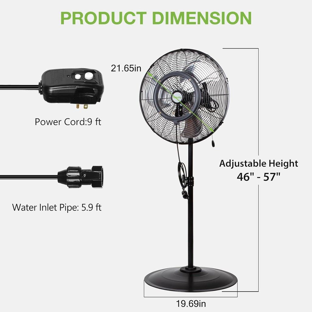 Hykolity 20" Outdoor Pedestal Oscillating Misting Fan, High-Velocity Patio Misting Fan With 3-Speed For Outside, Waterproof Tilting Fan With Mists For Outdoor Cooling