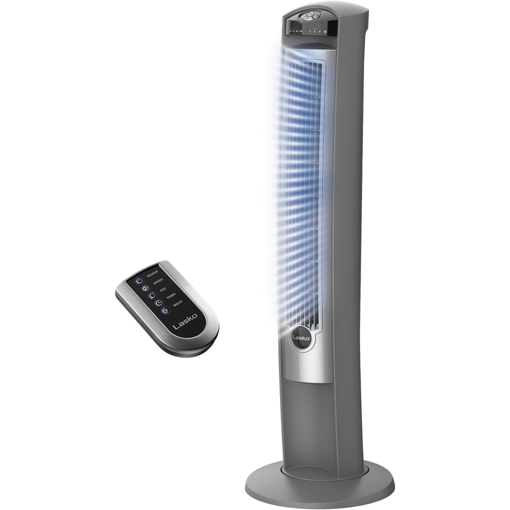 Lasko Oscillating Tower Fan With Remote - Quiet Standing Fan For Bedroom, Office, And Home - 3 Speeds - Powerful Cooling Air - T42951 - 42" Tall - Silver
