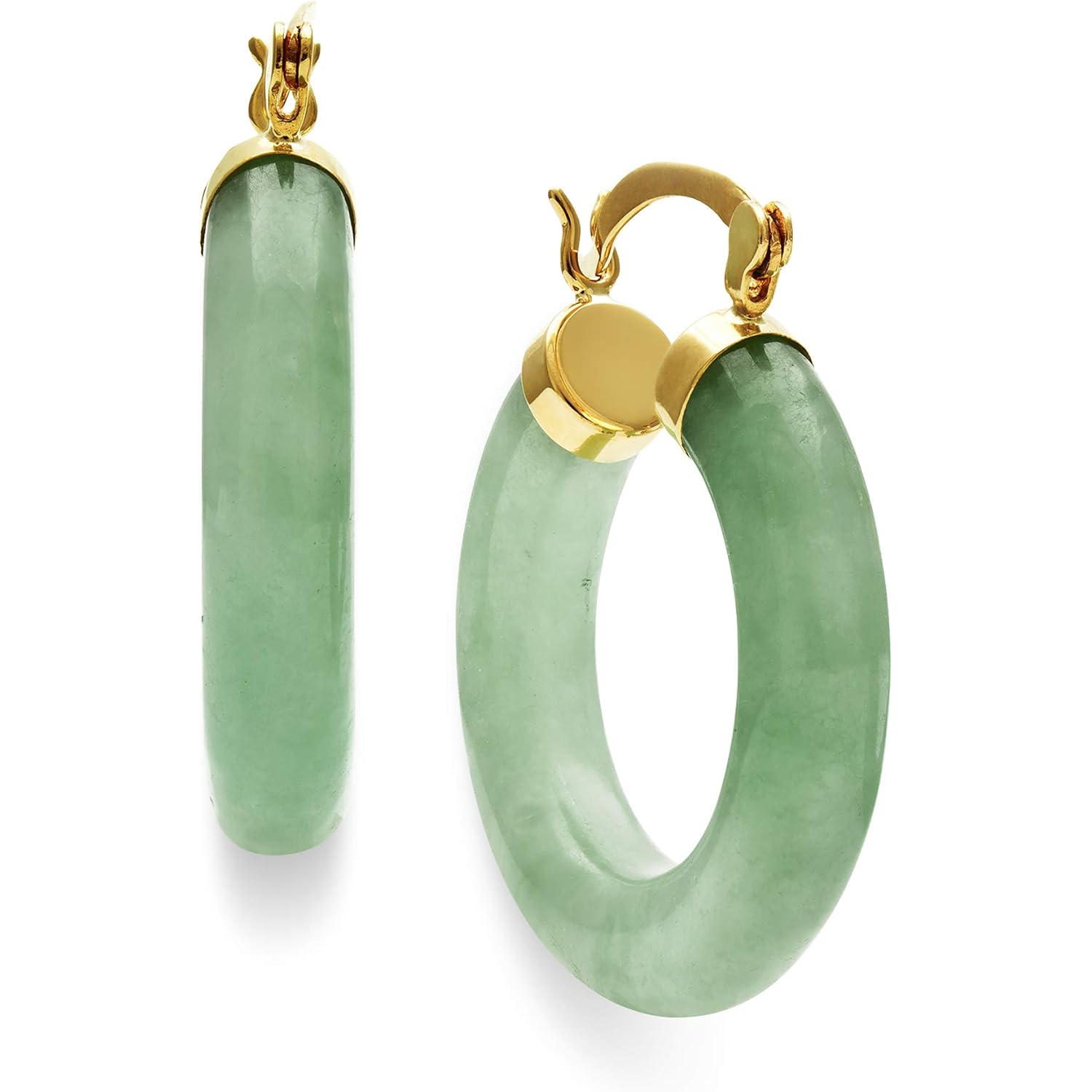 Belacqua Natural Green Jade Hoop Earrings in 10K Yellow Gold, Hinge and Notched Post, 1'' Diameter, Classic Jewelry for Women, Gift Box Included