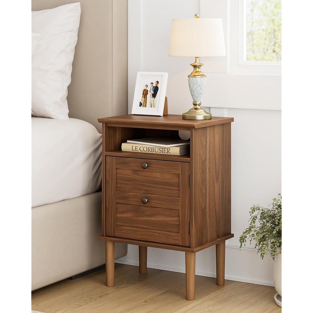 Nightstand, Boho Night Stand With 1 Drawer, Modern Side Accent Table With Open Shelf, Wooden Top Bedside End Table For Bedroom, Living Room, Walnut