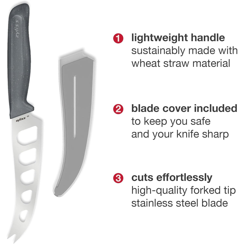 Zyliss Cheese Knife – Stainless Steel Blade with Non-Stick Holes & Forked Tip for Serving – Cuts Soft, Semi-Soft & Firm Cheeses – Wheat Straw Handle, Dishwasher Safe, 5-Year Guarantee – 5"