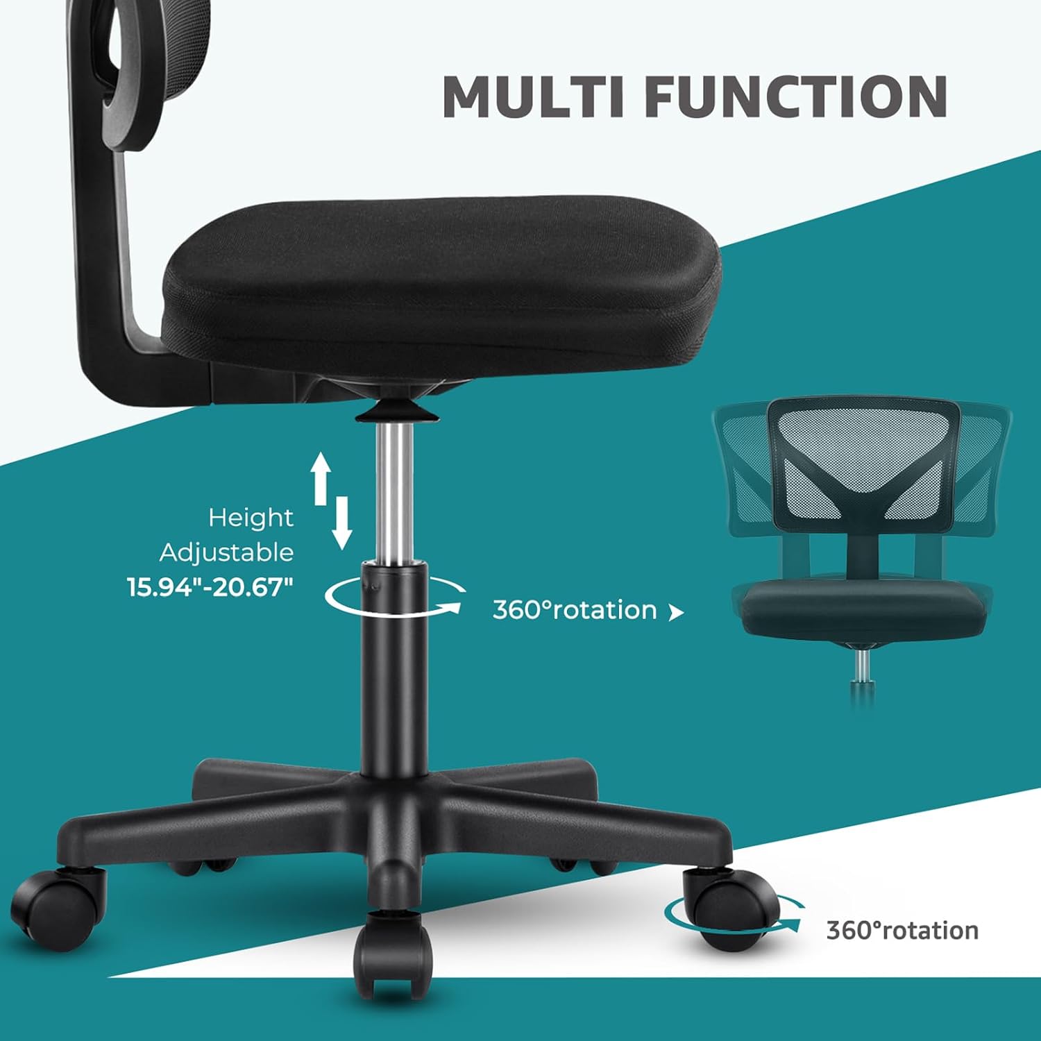 Olixis Armless Office Chair, Ergonomic Desk Chair With Wheels, Mesh Back, Removable Washable Foam Cushion, Height Adjustable Rolling Swivel Chairs For Small Space, Home, Office, Black
