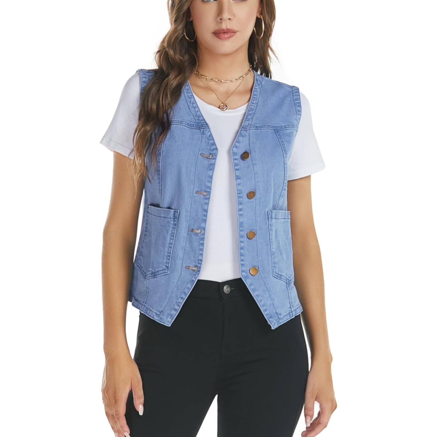 Women'S Sleeveless Denim Vest V Neck Button Down Jean Vest Top Waistcoat Jacket
