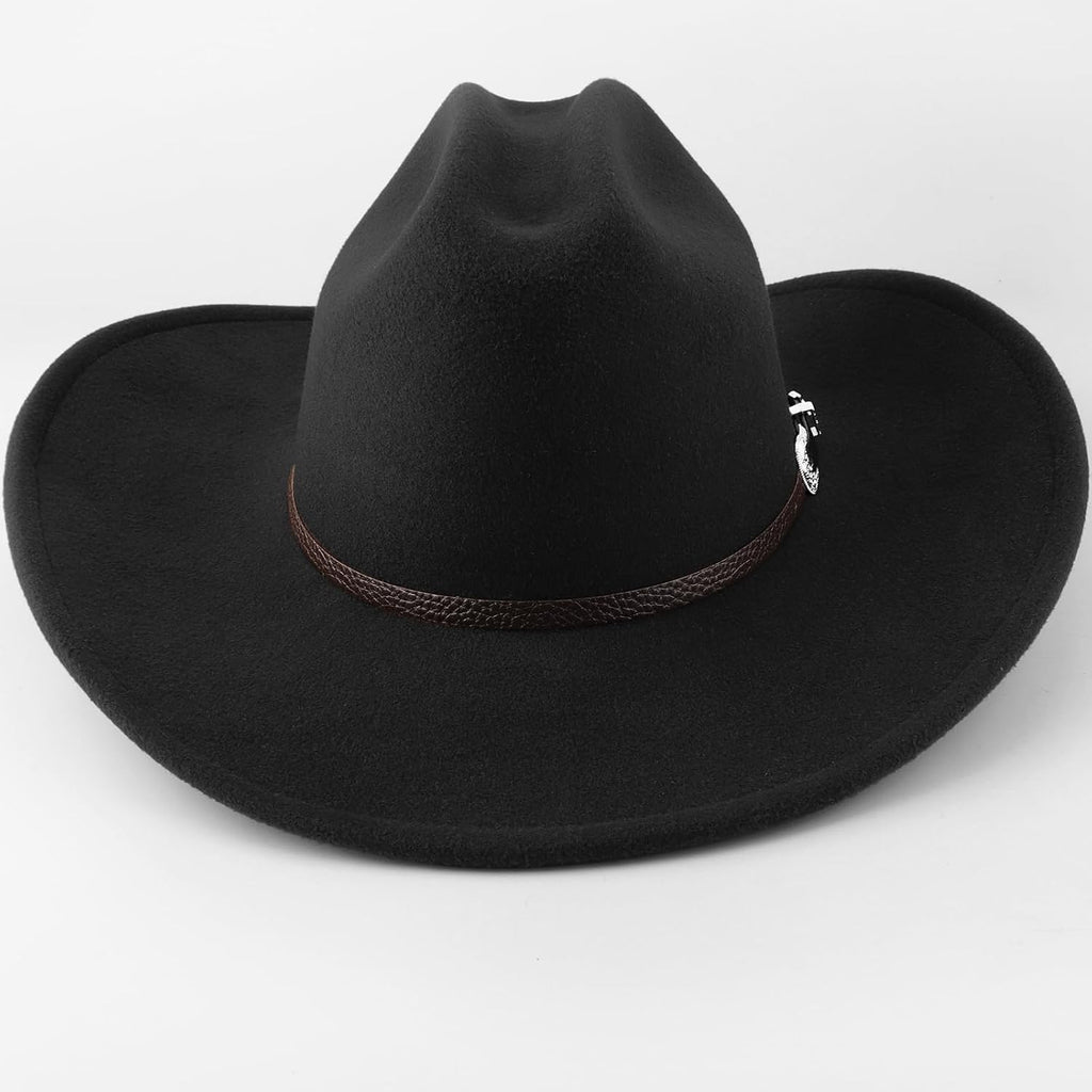 Western Cowboy Hats for Women Classic Felt Wide Brim Fedora Hat with Belt Buckle Retro Panama Hat Unisex Rolled up Cap 1 Pc Fedora Hat : Black
