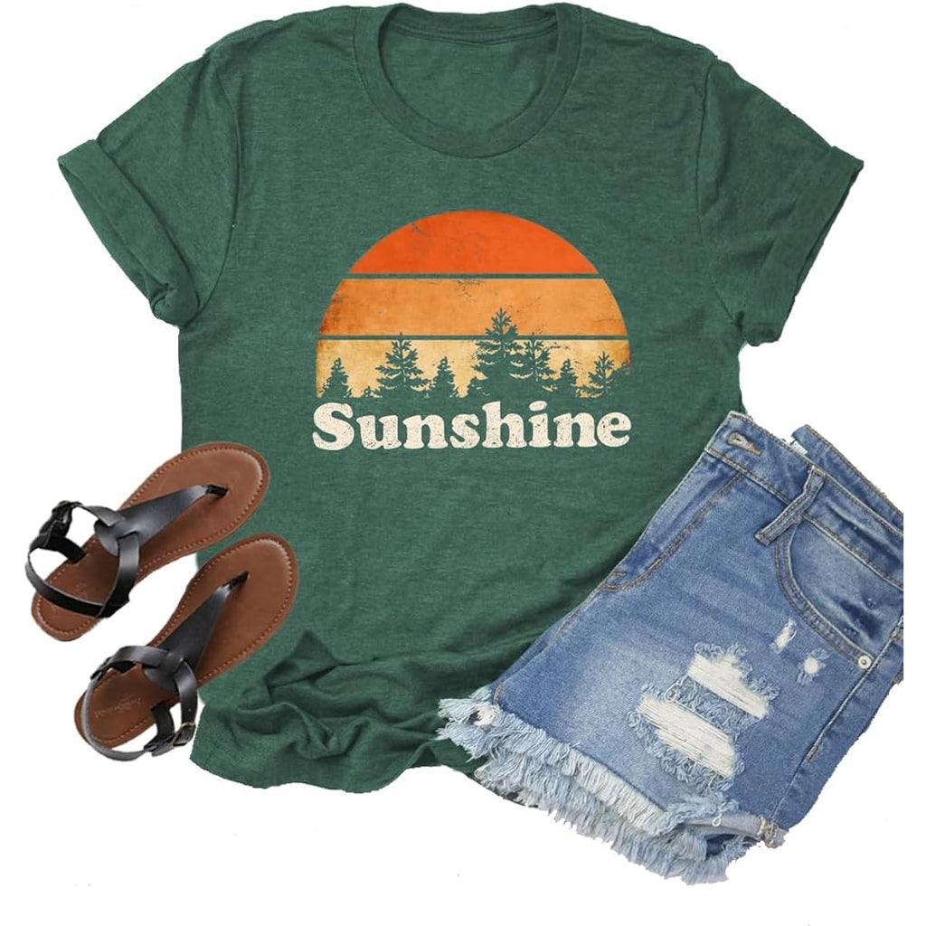 T Shirts for Women Graphic Tees Vintage Printed Short Sleeve Shirt Crewneck Loose Fitting Tops Casual Basic Cute Blouses Sunshine