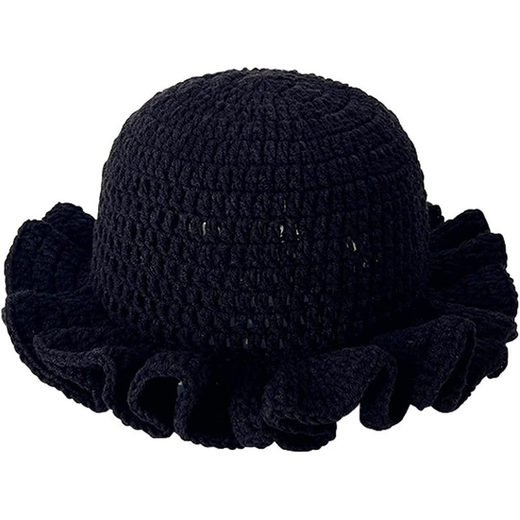 Crochet Bucket Hat for Womens Knitted Hat Trendy Fisherman Hat Foldable Handmade Bucket Cap for Travel Daily Wear A-pure Black