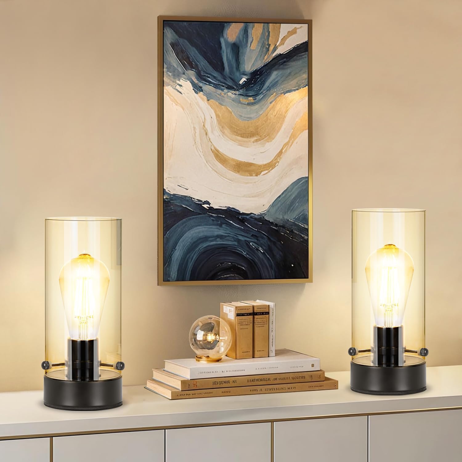 Table Lamp For Bedroom, Modern Glass Lamp Bedside Table Lamps For Night Stands With 2700K 6W Glass Bulb,Small Night Light Lamps For Living Room Kids Office Desk Decor Black
