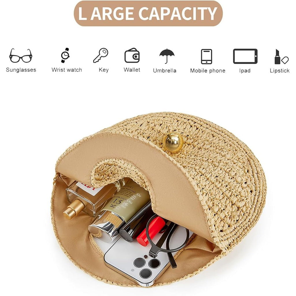 Philomena Woven Straw Beach Bag For Women Handmade Raffia Circle Bag, Summer Boho Chic Tote Purse Handbag Large Round Bag