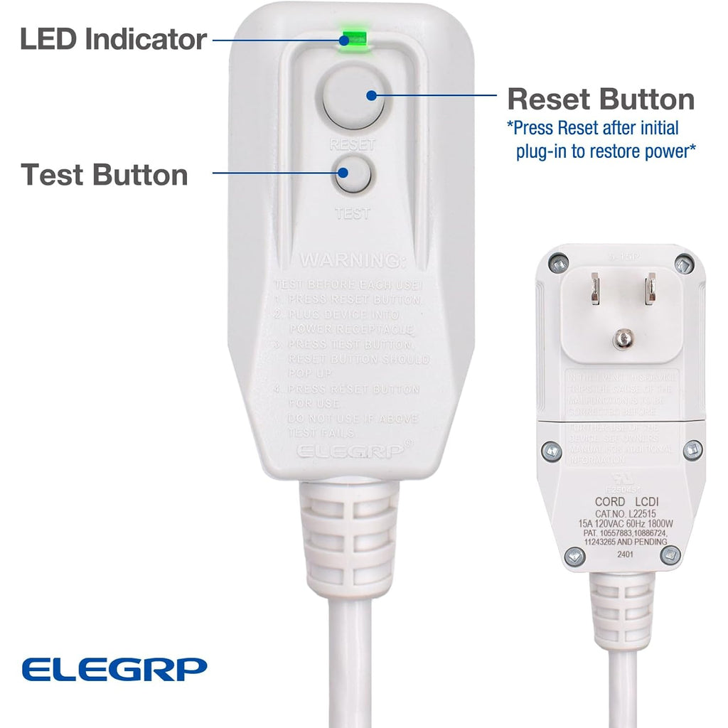 Elegrp 0651515Ly L15515 L22515 14Awg Lcdi Power Cord Plug For A/C Air Conditioner, E250451 Ul Certified, 7.5Ft Leakage Current Detection Interrupter Replacement, 120V 15A 1800W 60Hz Nema 5-15P, 1 Pack