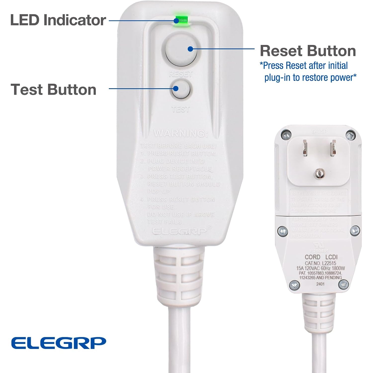 Elegrp 0651515Ly L15515 L22515 14Awg Lcdi Power Cord Plug For A/C Air Conditioner, E250451 Ul Certified, 7.5Ft Leakage Current Detection Interrupter Replacement, 120V 15A 1800W 60Hz Nema 5-15P, 1 Pack