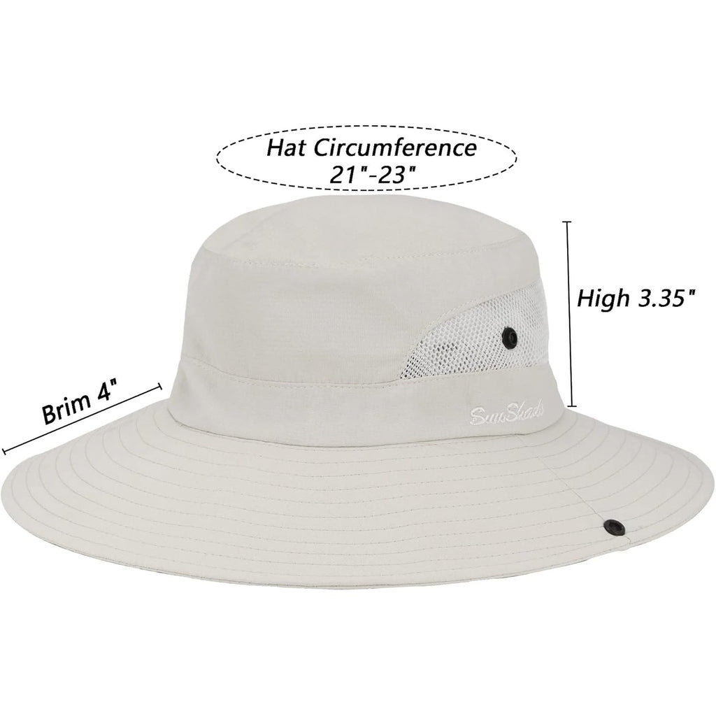Womens Summer Sun-Hat Outdoor UV Protection Fishing Hat Wide Brim Foldable-Beach-Bucket-Hat with Ponytail-Hole