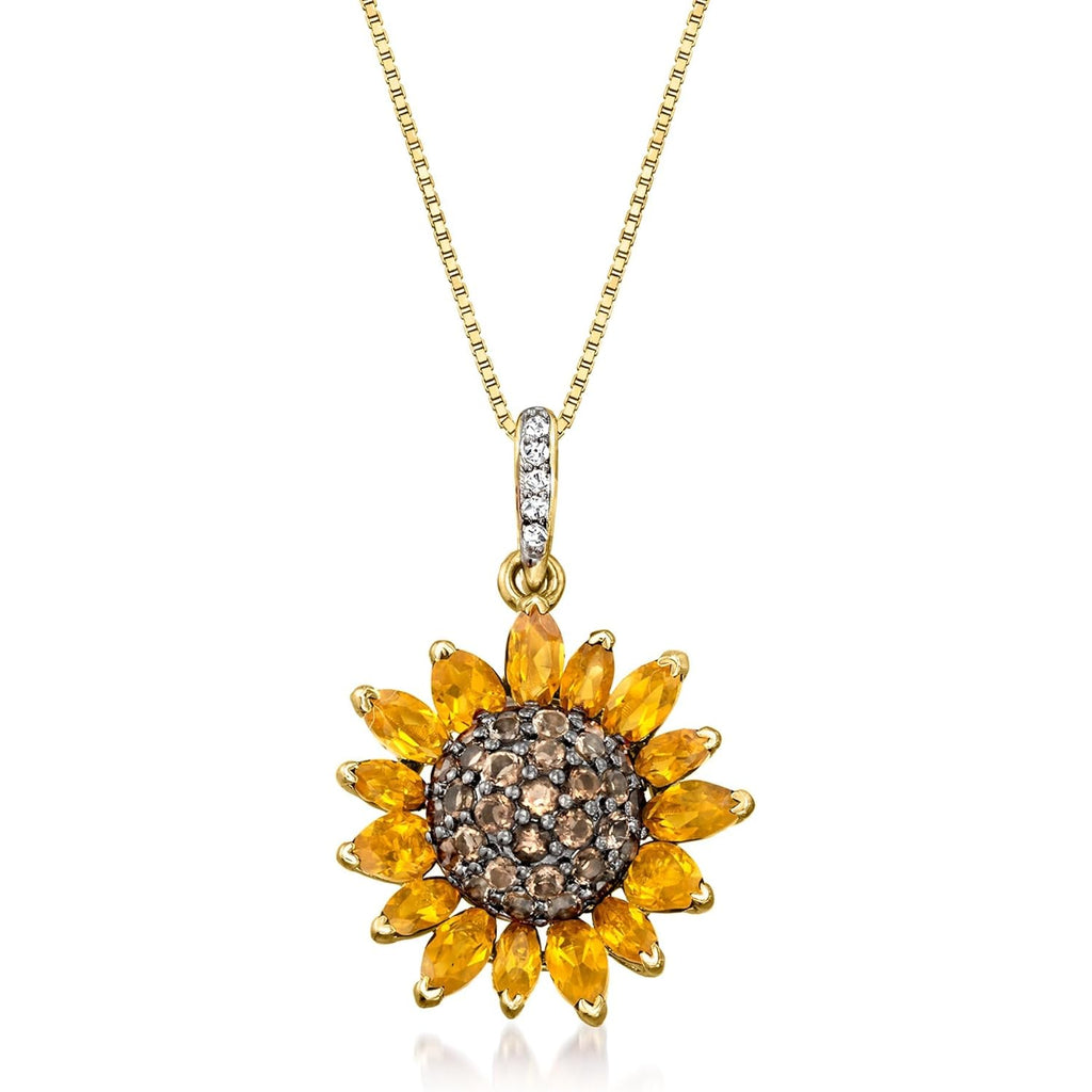 Ross-Simons 1.70 ct. t.w. Citrine and .80 ct. t.w. Smoky Quartz and .10 ct. t.w. White Topaz Sunflower Pendant Necklace in 18kt Gold Over Sterling. 18 inches