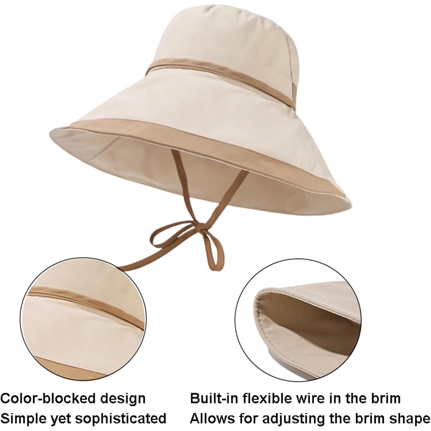 Sun Hats for Women-Large Wide Brim-Summer UV-Protection Outdoor Fishing Hat Packable Beach Bucket Cap Beige