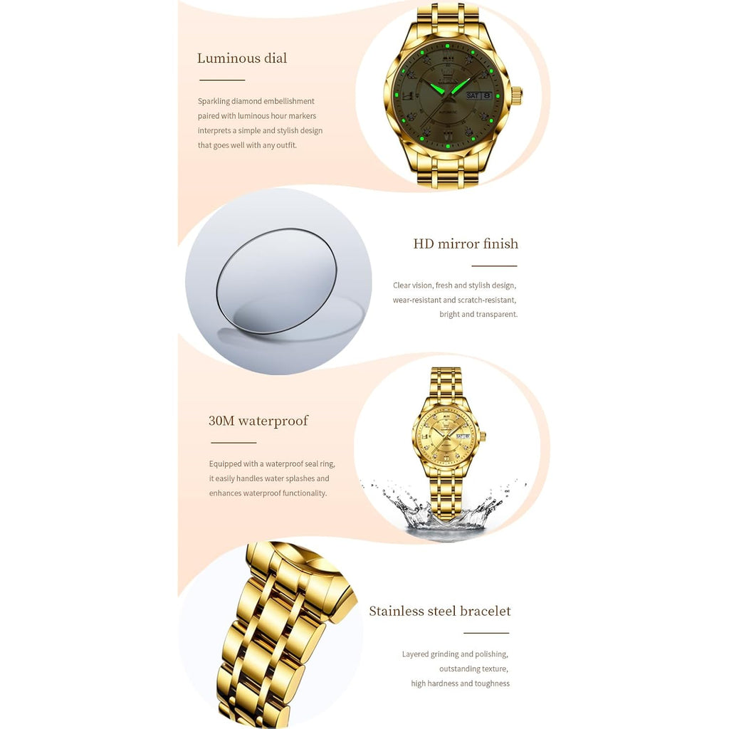Olevs Womens Watches Casual Modern Diamond Automatic Mechanical Ladies Self Winding Dress Two Tone Wrist Watch Date Day