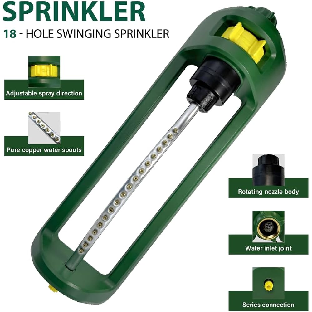 Lawn Sprinkler, 18 Brass Nozzles Garden Water Oscillating Sprinkler For Yard Covers Up To 3,600 Sq.Ft, Heavy Weight Base, Built-In Spray Jet Cleaning Needle, Green, Yellow