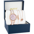 Olevs Women Watch Set Shinning Diamond Rose Gold Elegant Luxury Ladies Dress Wrist Watches Necklaces & Bracelets