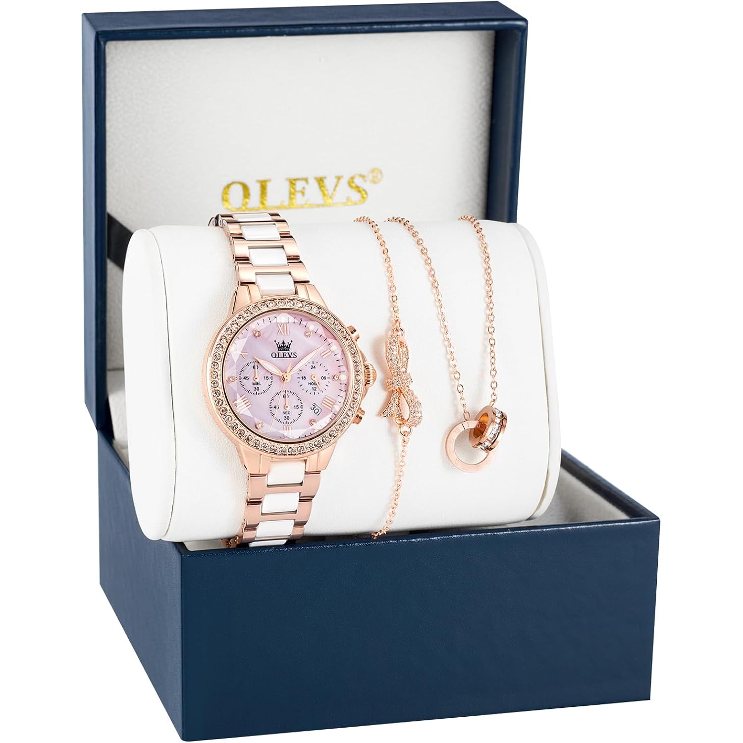 Olevs Women Watch Set Shinning Diamond Rose Gold Elegant Luxury Ladies Dress Wrist Watches Necklaces & Bracelets