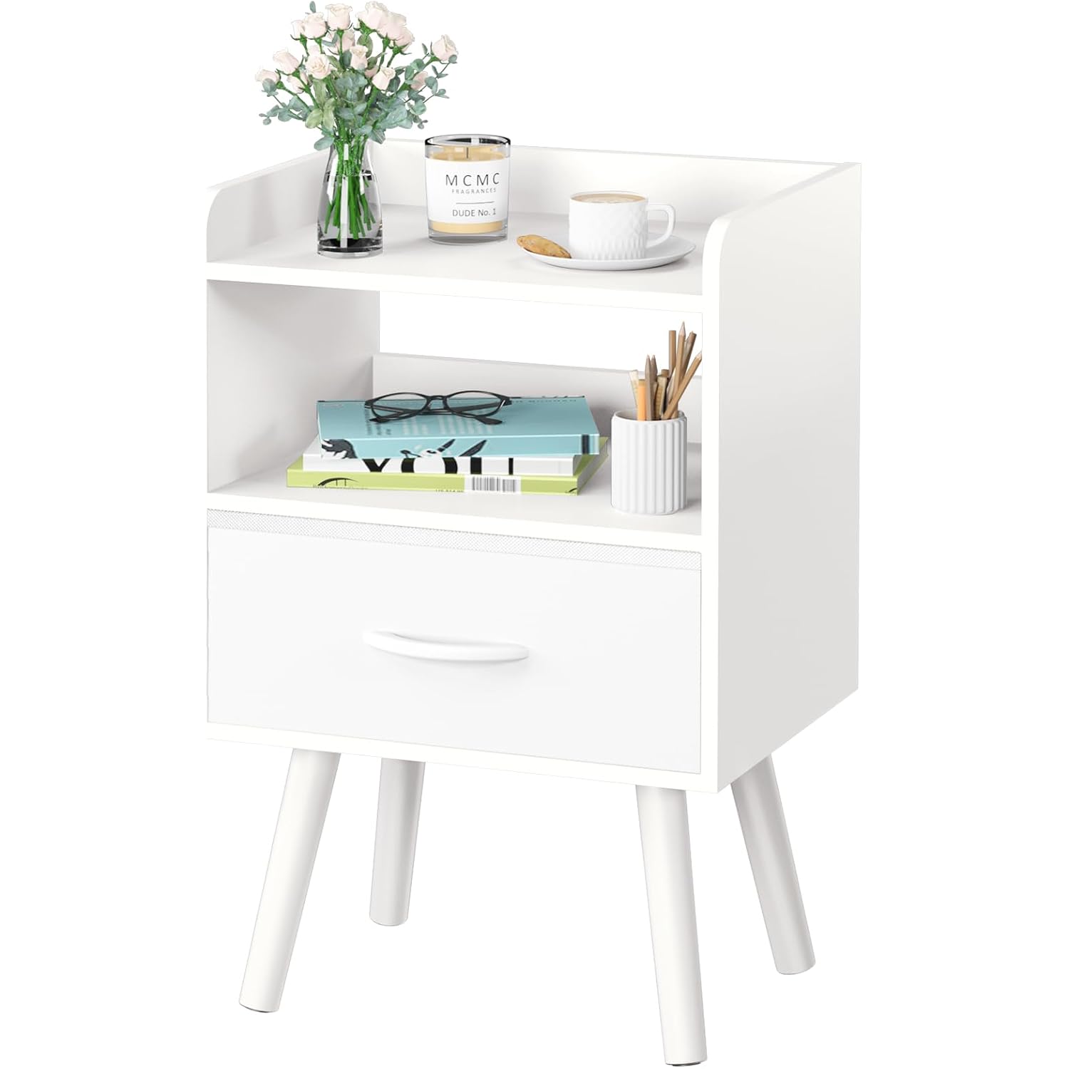 Yoobure Modern Nightstand With Drawer, Bedside Tables, Mid Century Nightstands With Open Storage Shelf, Wood Bedside Table, Small Night Stands For Bedrooms, 2-Tier Night Table