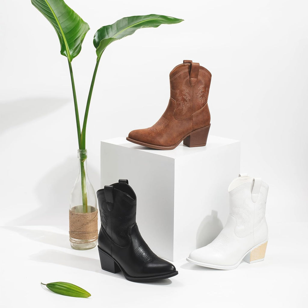 Cowboy Boots For Women Ankle Cowgirl Booties Wide Mid Calf Pointed Toe Western Boots Short Chunky Classic Booties