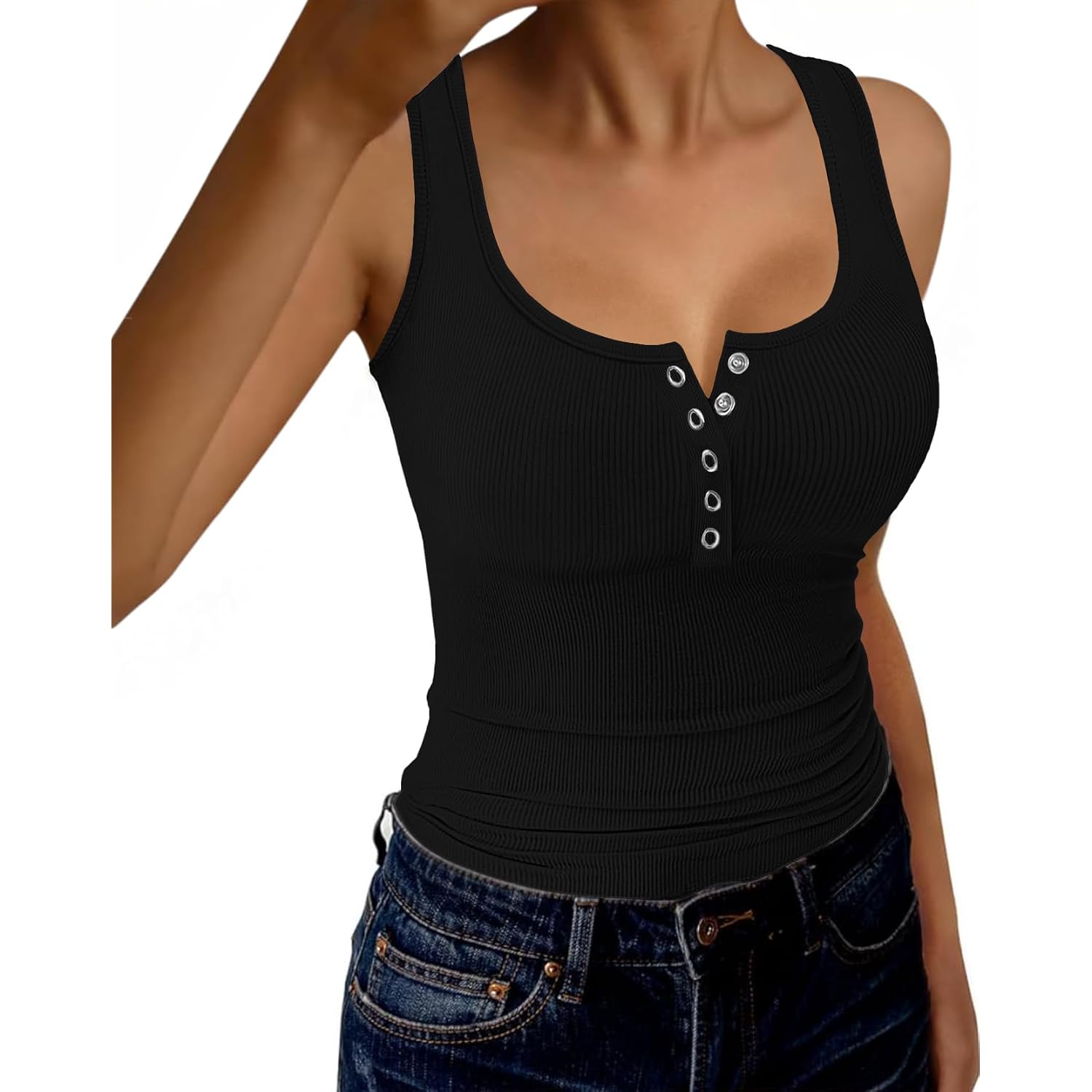 Gkbk Womens Backless Henley Tank Tops Scoop Neck Low Cut Sexy Casual Slim Fit Sleeveless Ribbed Summer Cami Shirts