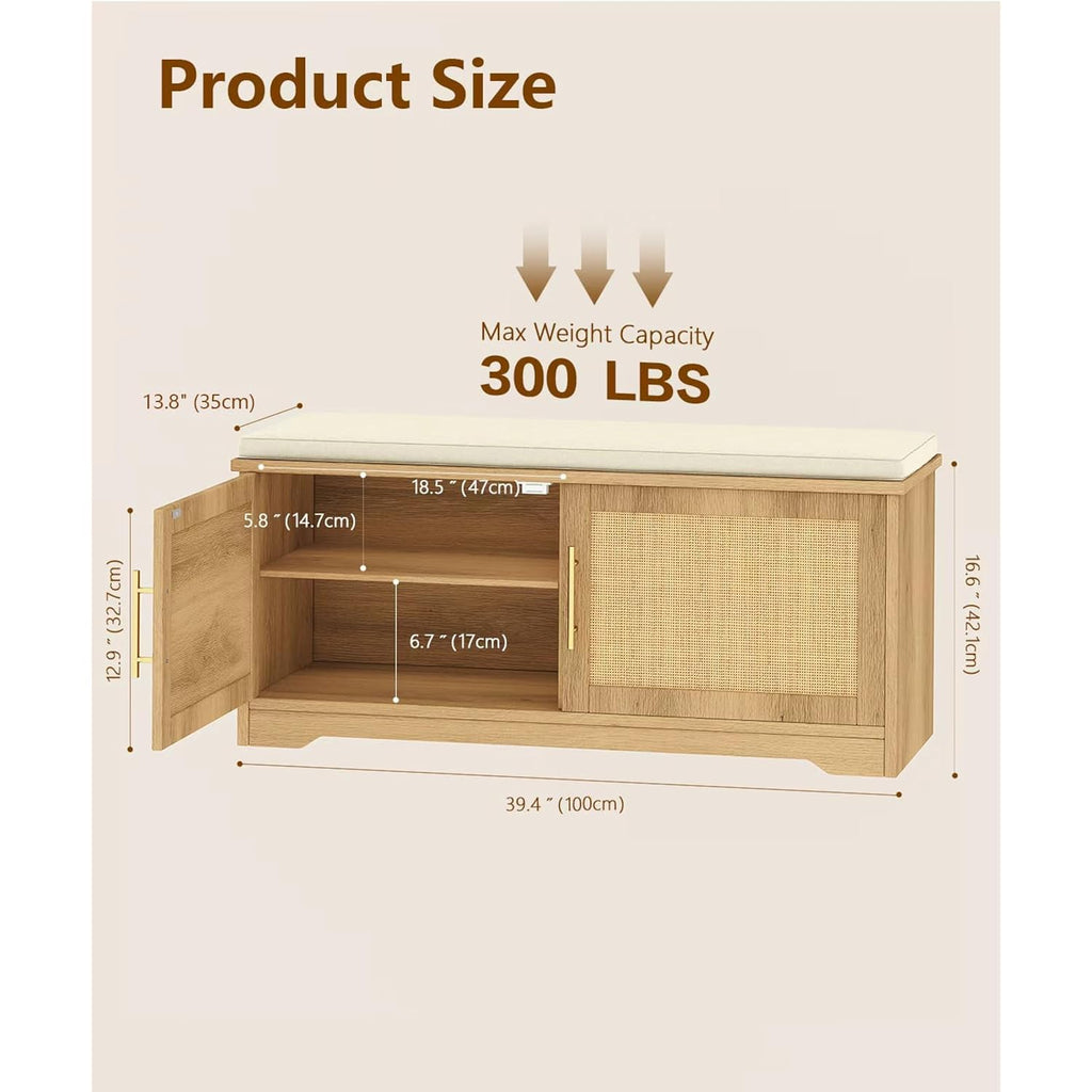 Rattan Shoe Storage Bench, 39.4" Wide Entryway Bench, Natural Oak | Hidden Shoe Organizer Cabinet With Cushion, Shoe Rack Bench With Adjustable Shelves, For Hallway Living Room, Natural Oak