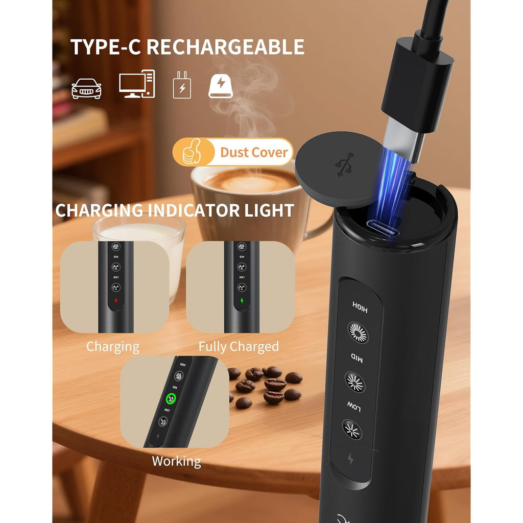Circle Joy Rechargeable Handheld Milk Frother Wand With 3 Variable Speeds, 3 Whisks And Storage Box, Electric Drink Mixer For Latte, Cappuccino, Hot Chocolate, Eggs And Protein Powder, Black