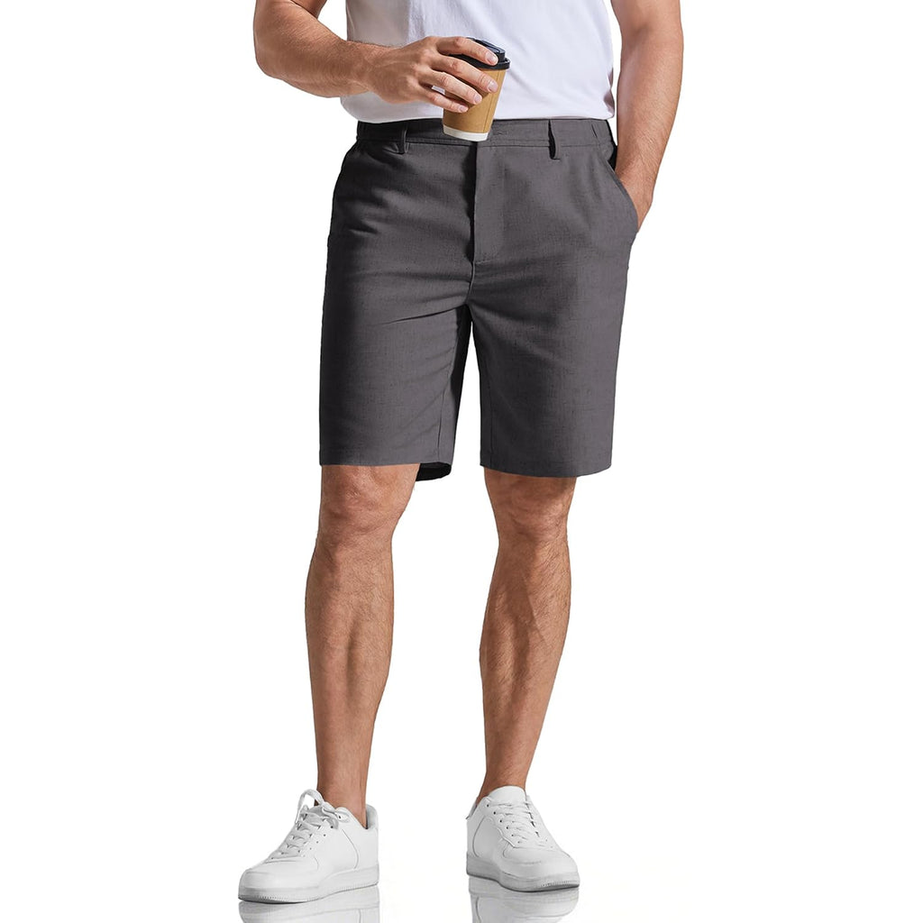 Coofandy Mens Casual Shorts 9" Flat Front Elastic Waist Linen Dress Shorts Lightweight Summer Outfits With Pockets