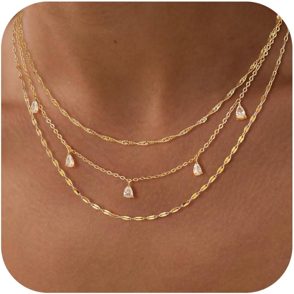 Layered Necklaces for Women, Dainty Gold Necklace Stack 14k Gold Plated Layering CZ Chain Choker Necklaces for Women Trendy Simple Non Tarnish Gold Necklaces Set Fashion Bridal Prom Jewelry