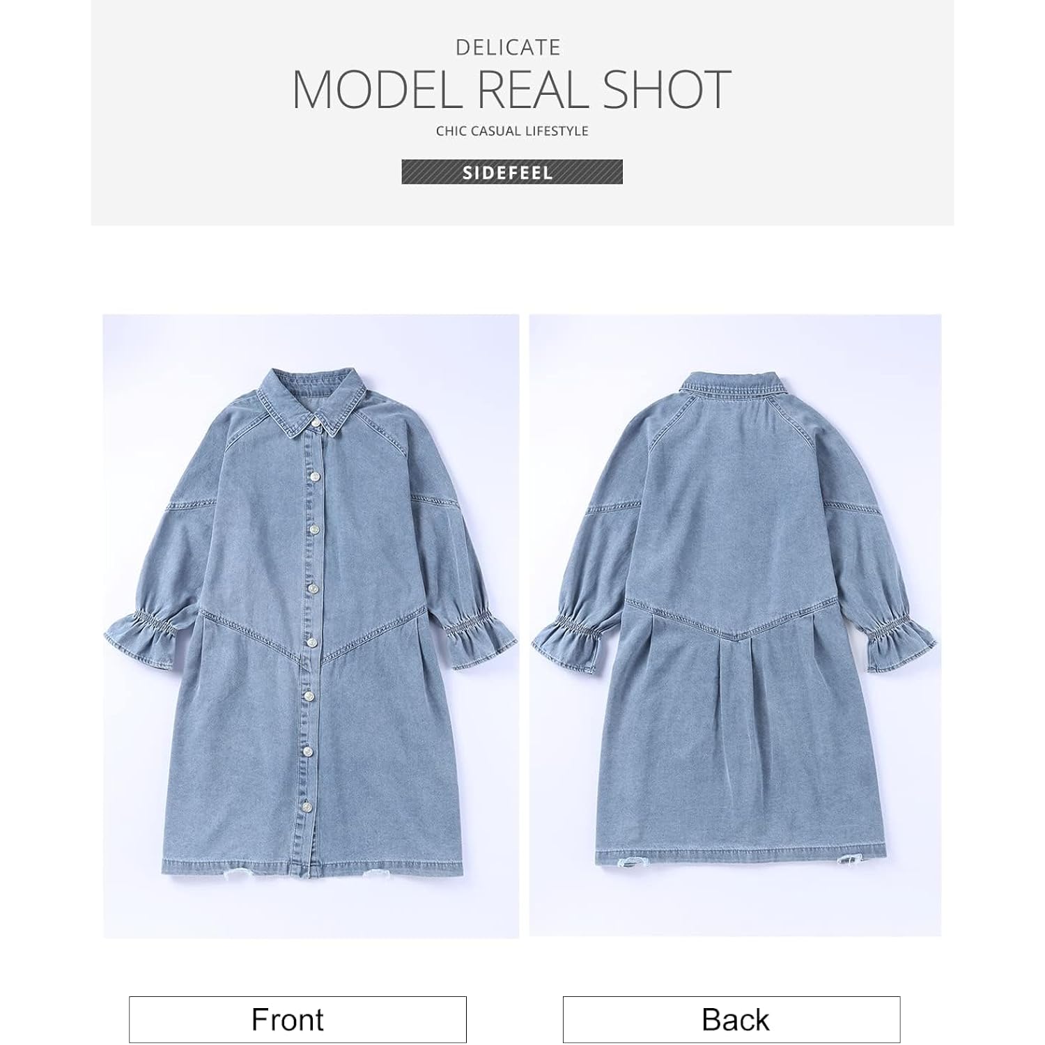 Sidefeel Womens Smocked 3 4 Sleeve Button Down Denim Jeans Dresses