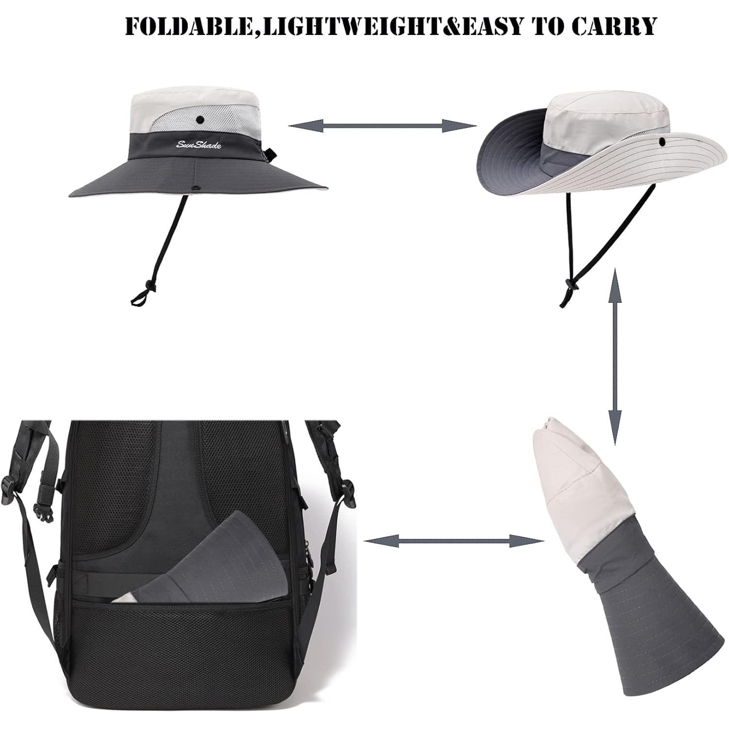 Womens Summer Sun Hat Beach Hat Wide Brim Outdoor UV Protection Hat Foldable Cool Mesh Ponytail Bucket Hat