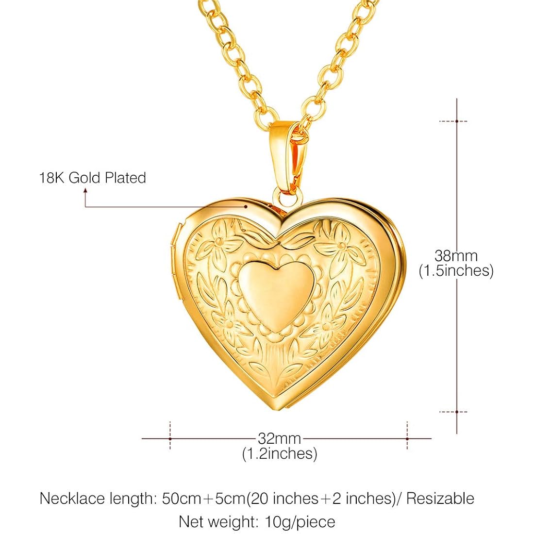 U7 Women Locket Necklace Platinum 14K Gold Photo Lockets that Hold Picture,Chain 20 Inch Personalized Gift Custom Love Heart Image Necklaces