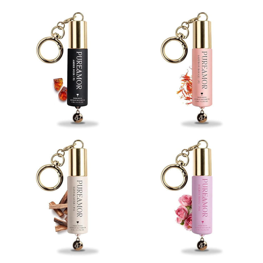 Pheromone Perfume For Women, Woody & Floral 4-Piece Keychain Set – Amber Noir, Saffron Rouge, Balboa Rosa & Santal Luxe, 30% High Conc, Long Lasting Roll-On, 0.2 Oz / 6 Ml Each