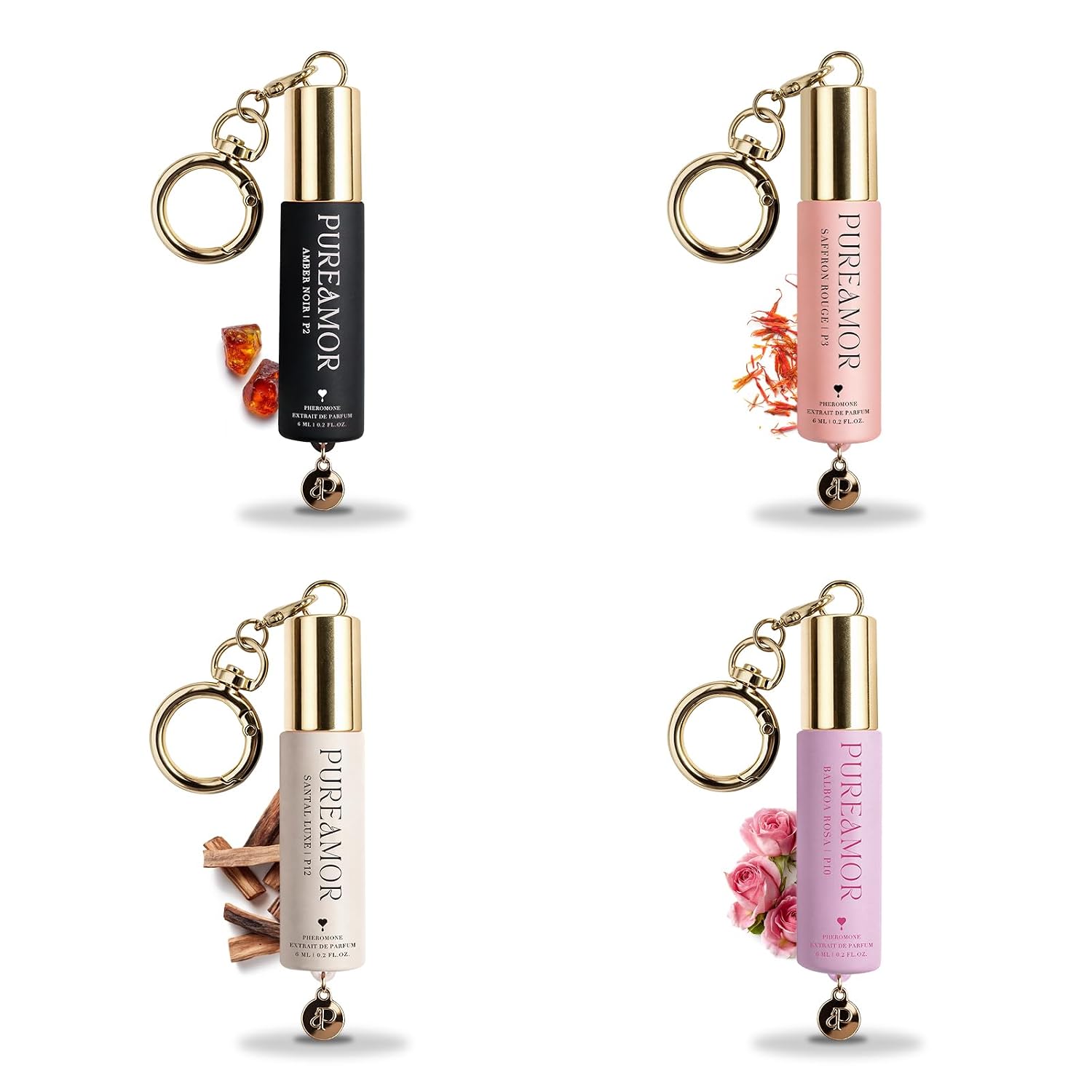 Pheromone Perfume For Women, Woody & Floral 4-Piece Keychain Set – Amber Noir, Saffron Rouge, Balboa Rosa & Santal Luxe, 30% High Conc, Long Lasting Roll-On, 0.2 Oz / 6 Ml Each