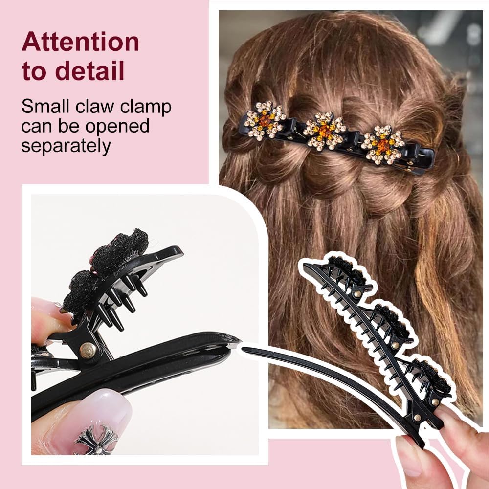 3 Pcs Sparkling Crystal Stone Braided Hair Clips, 2025 New Satin Fabric Hair Bands Rhinestone Four-Leaf Clover Hair Clip For Styling, Duck Bill Clips For Women Girls, Color F