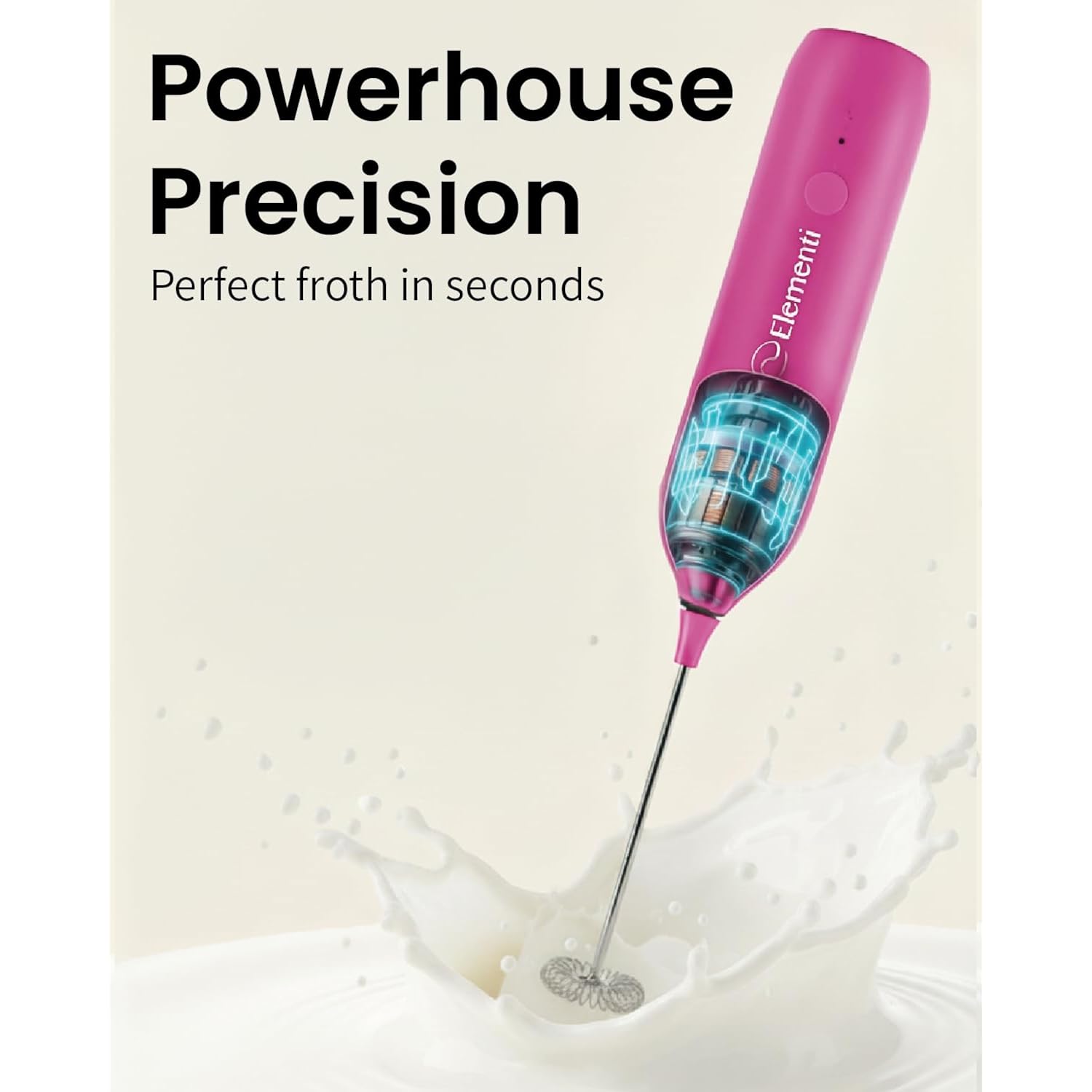 Elementi Pink Milk Frother Wand Rechargeable Drink Mixer - Powerful USB-C Rechargeable Frother & Coffee Stirrers Electric - Hand Held Whisk to Make Perfect Cappuccinos, Lattes & Drink Mixes at Home