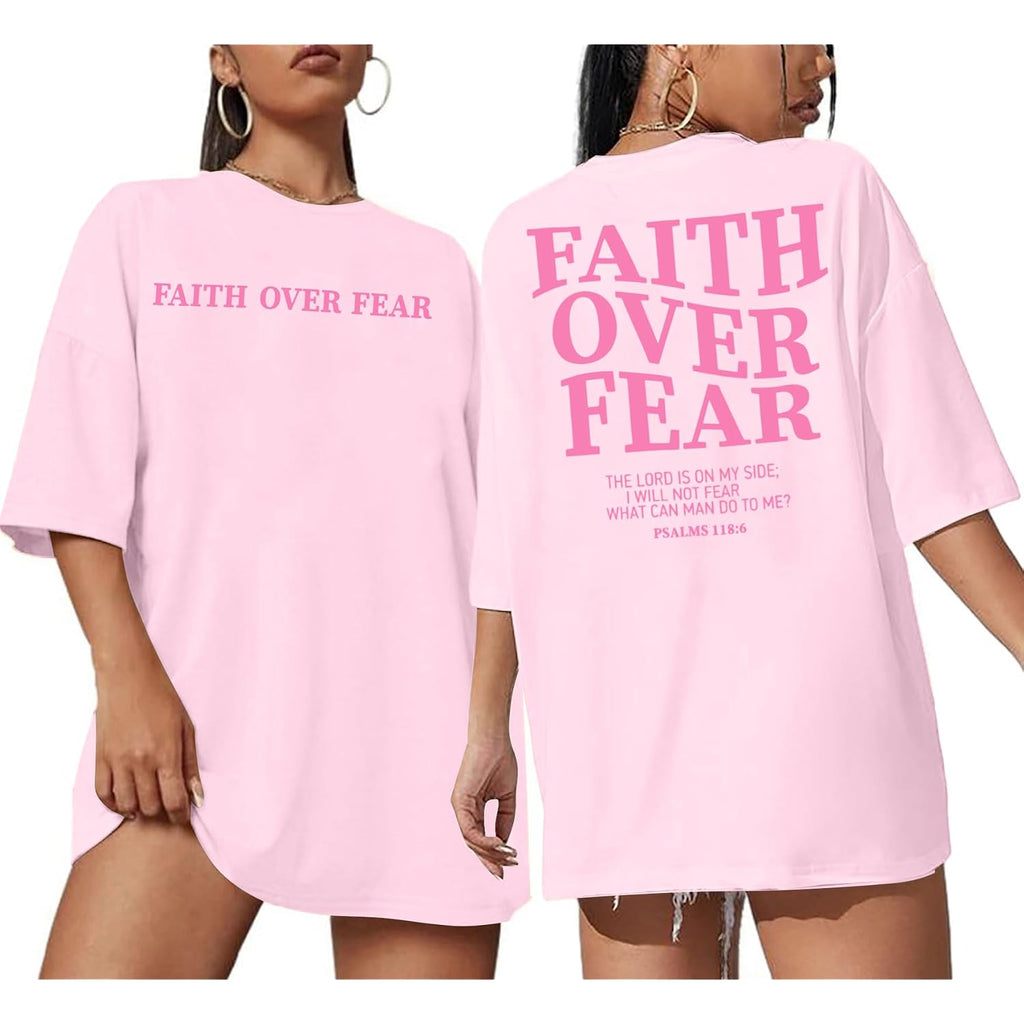 BANGELY Faith Over Fear Shirt Women Graphic Shirts Oversized Workout Gym Christian Religious Tees Drop Shoulder Tee Tops B-pink