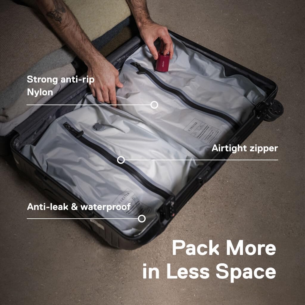 Ekster Travel Pack Vacuum Kit - Travel Vacuum Bags With Pump - Odor & Waterproof Anti-Rip Nylon Compression Bags - Space Saver Vacuum Storage Bags - Wireless Vacuum Pump For 15+ Items - 4Pack